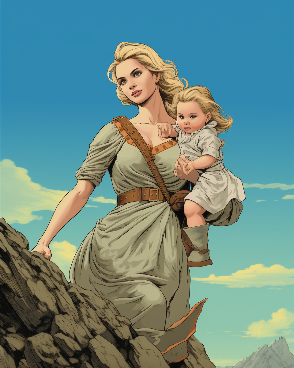 Brave mother carrying baby on mountain adventure