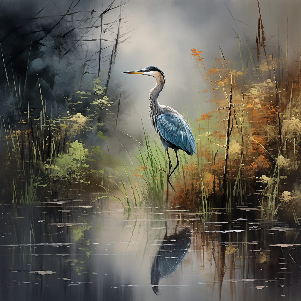 Heron gracefully navigating a stormy wetland