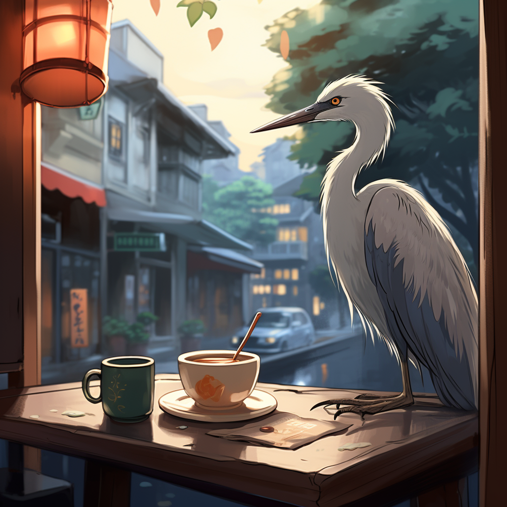 Cartoon heron enjoying coffee in Tokyo