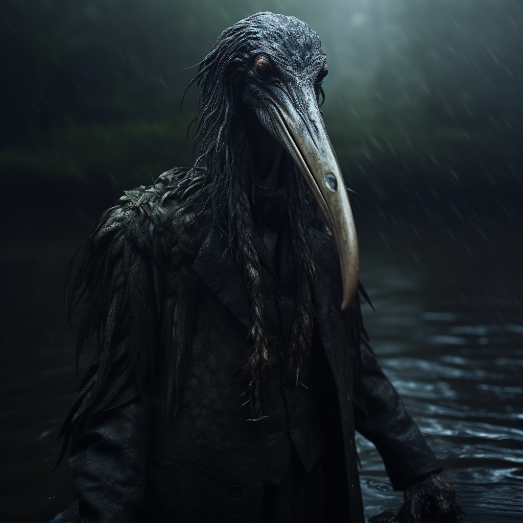 Elegant Heron Person in Lovecraftian Horror Setting