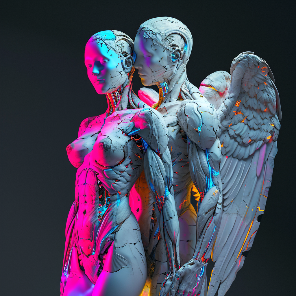 Beautiful marble statue of cyborg couple with wings