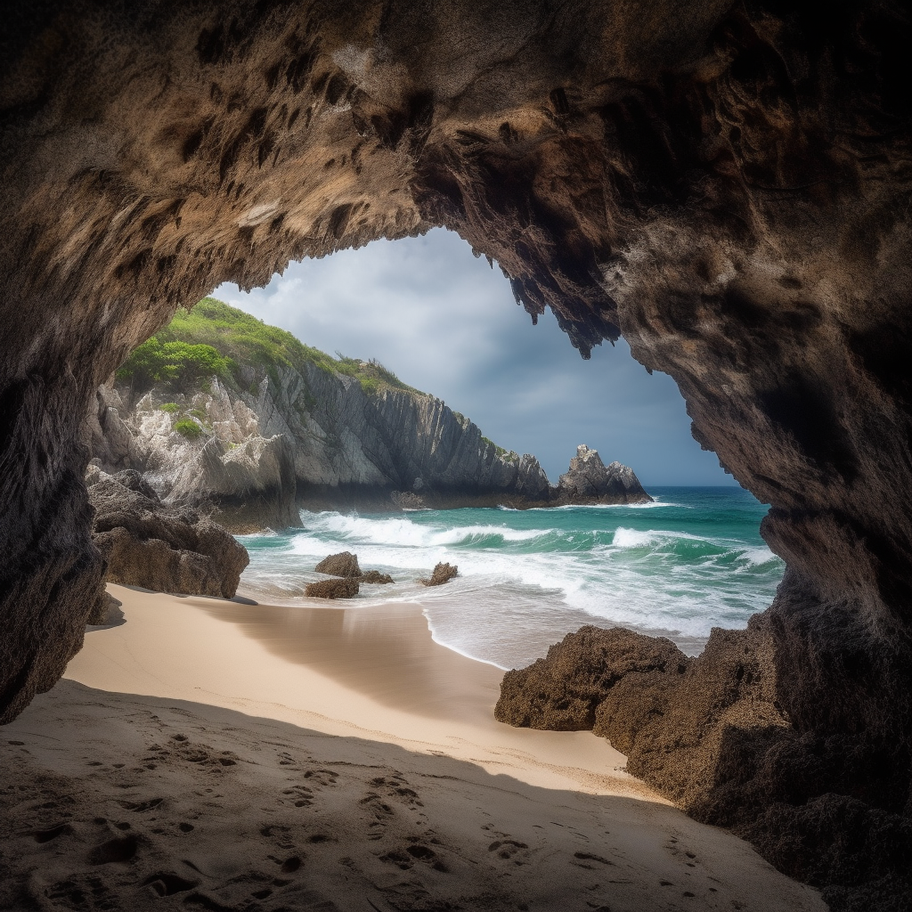 Hidden beach through small cave opening in Mexico