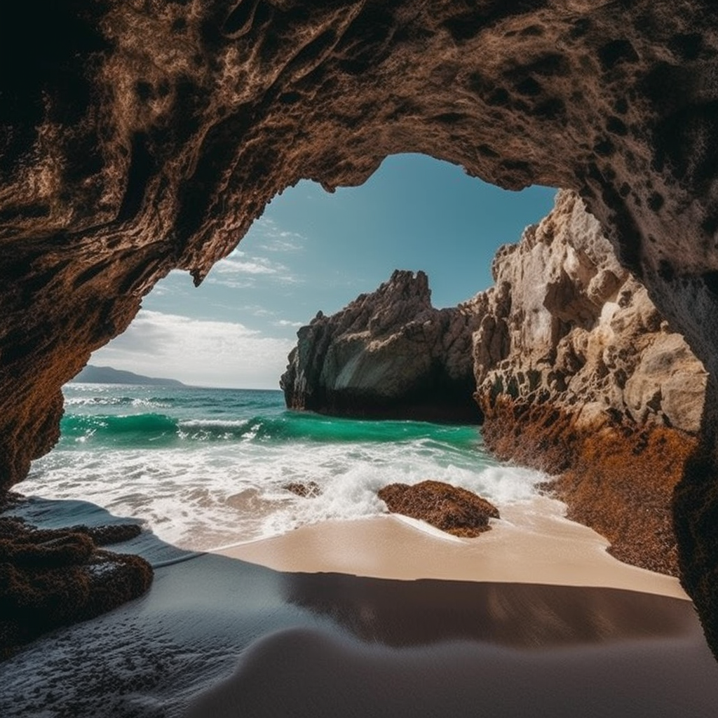 Serene hidden beach through a cave in Mexico