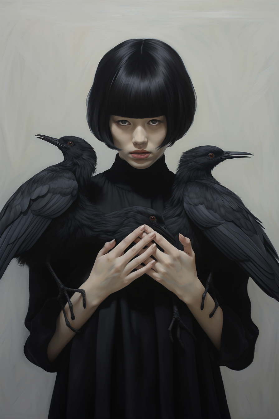 Enigmatic woman with hands and black bird