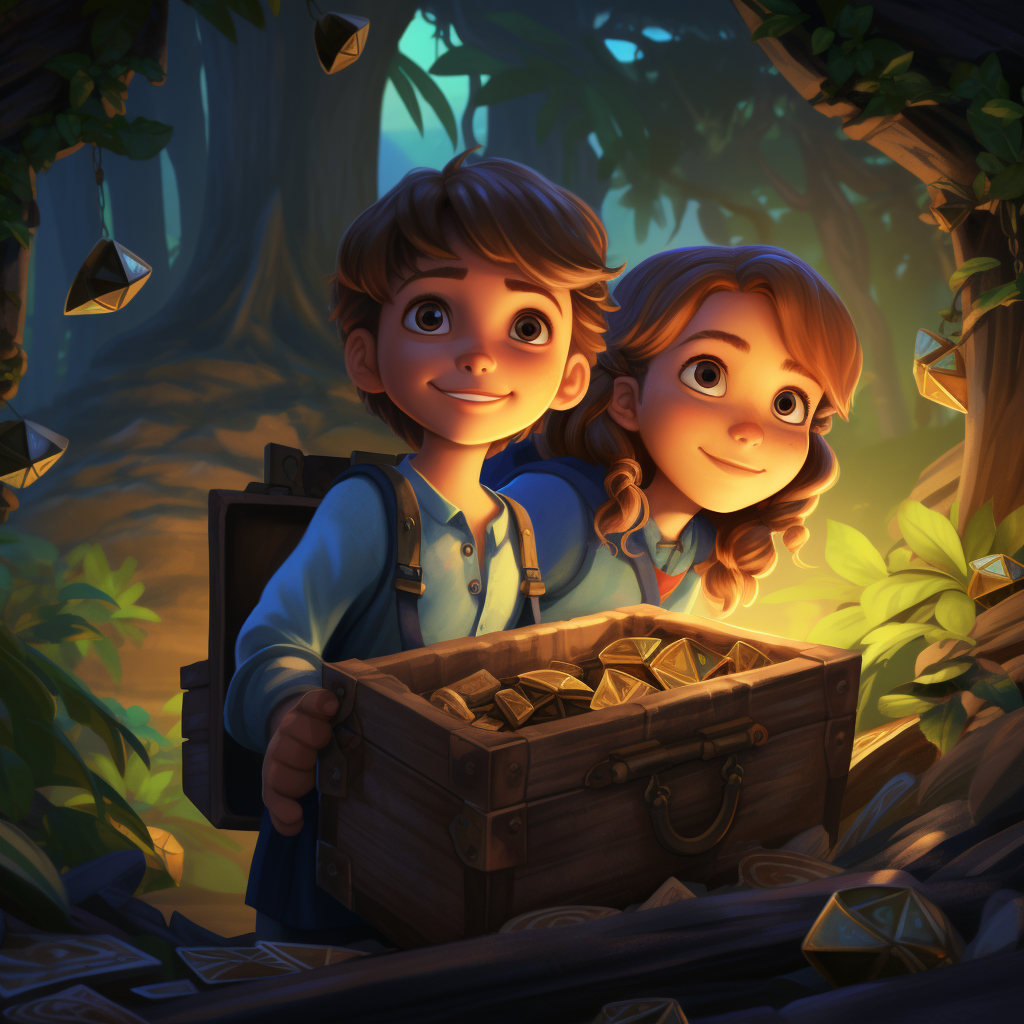 Oliver and Ella in front of treasure chest