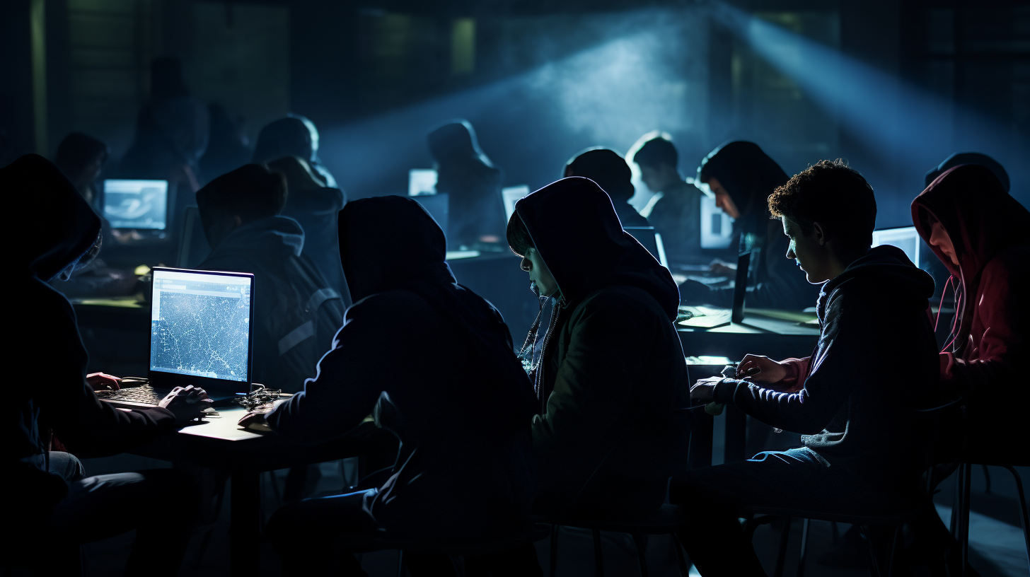 Silhouettes of students in dimly lit room