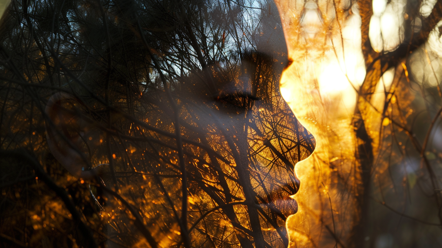 woman face in trees at sunset