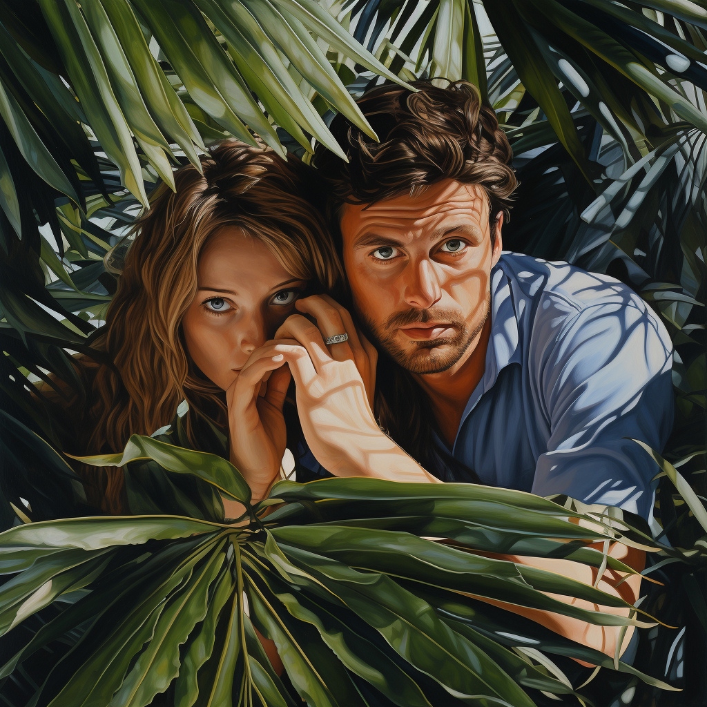 Two Adults Hiding Palm Tree