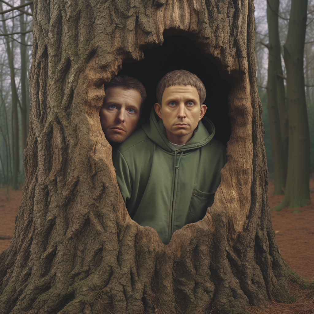 Two adults hiding behind a tree trunk