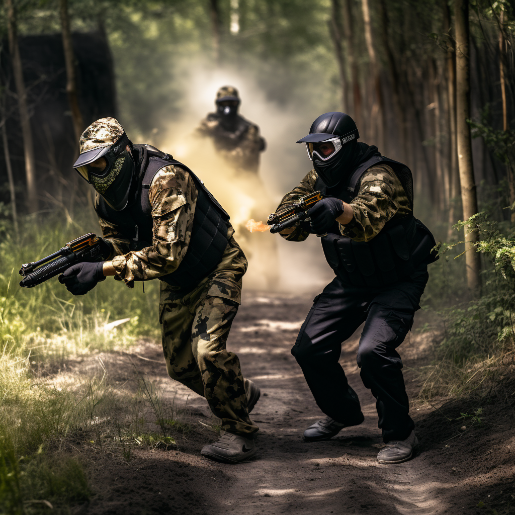 two men playing tag with paint guns