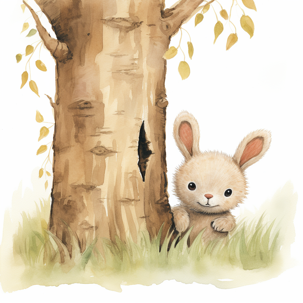 Illustration of a hiding rabbit and a baby bear