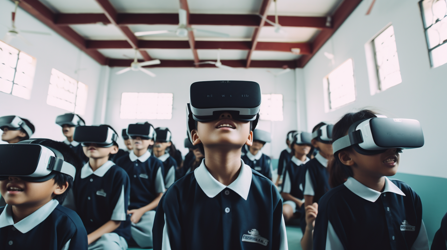 Malaysian kids enjoying virtual reality in classroom.