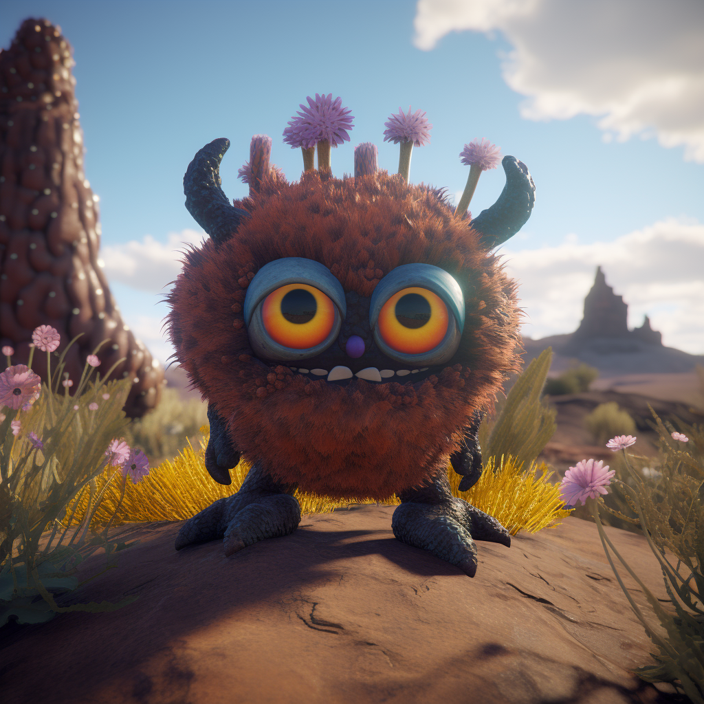 Curious happy-eyed frolicking monster among high desert wildflowers