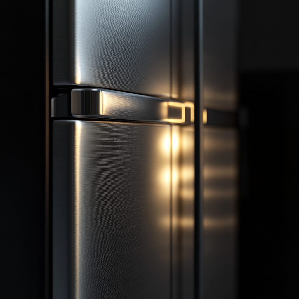 Dimly Lit Steel Refrigerator Close-Up