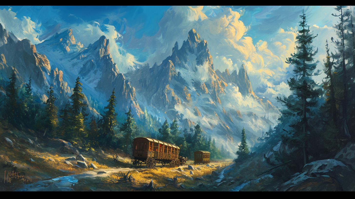 Caravan in Burnt Mountain Forest Scene