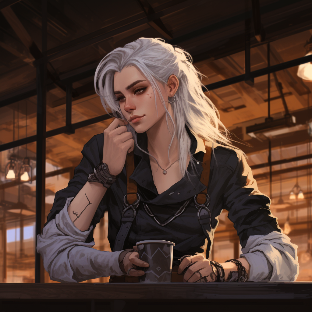 Androgynous trans woman with white hair in coffee shop