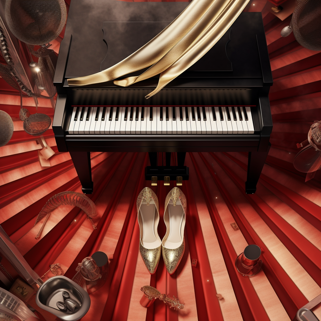 Aerial view of high heel shoes and piano on stage