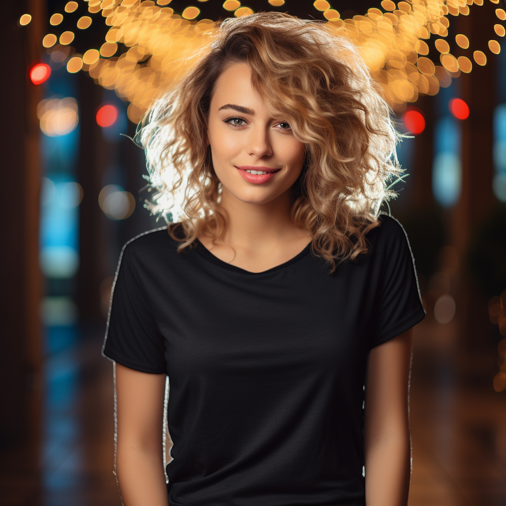 Woman wearing black unisex t-shirt against holiday lights