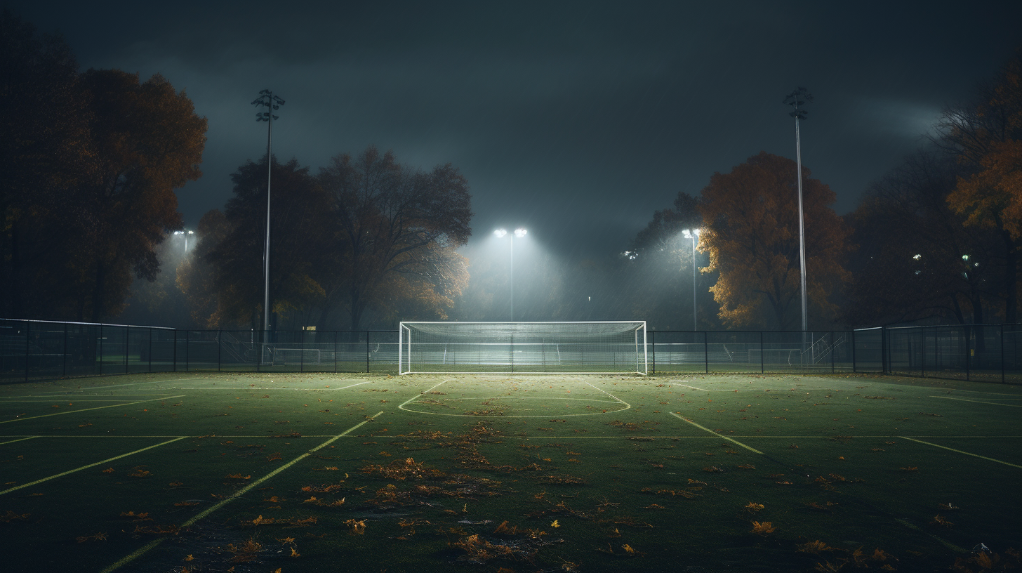 Cinematic photo of high school soccer field with dramatic goal