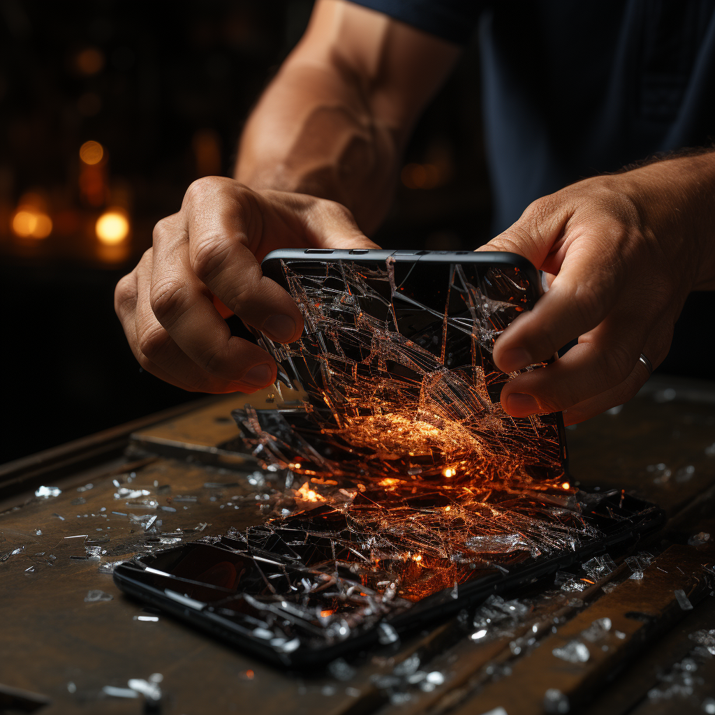 High school student smashing phone with cracked screen