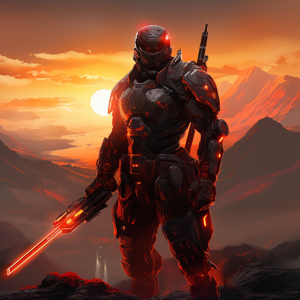 Armoured soldier with gun and glowing sword in mountains