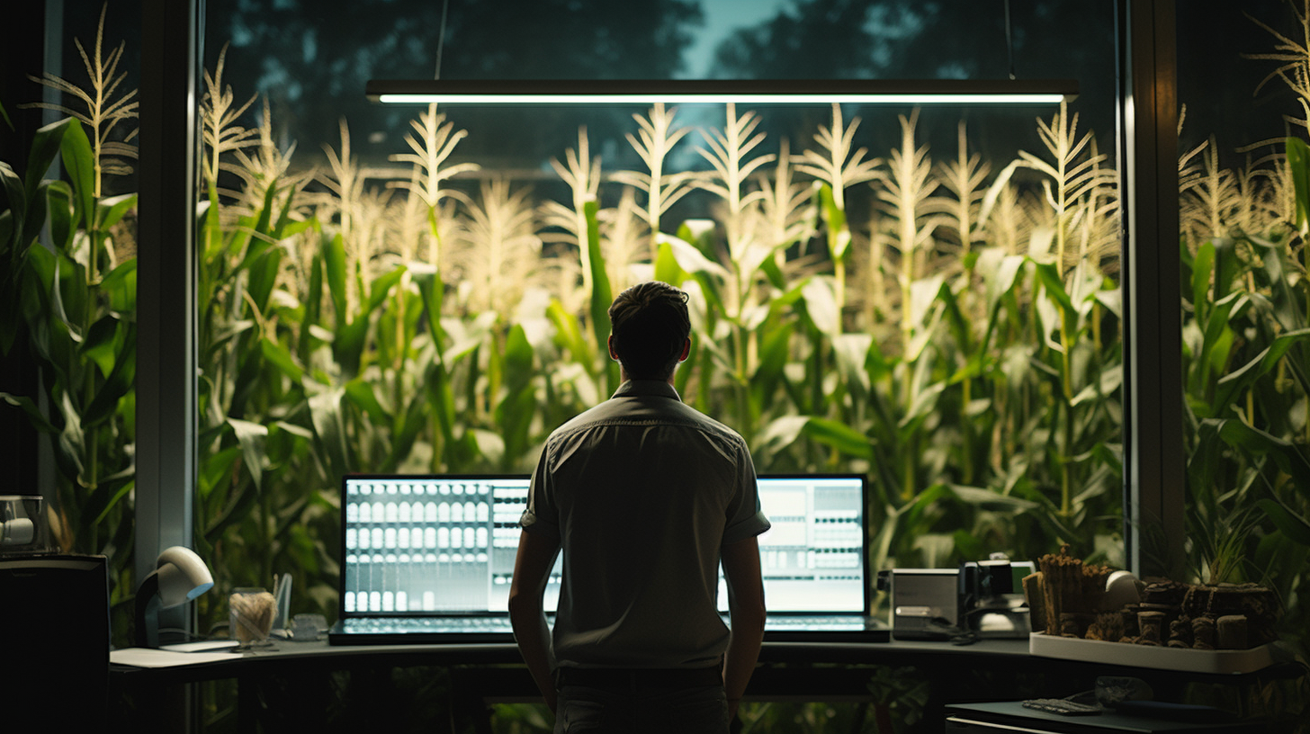 White man in high-tech office overlooking corn plantation