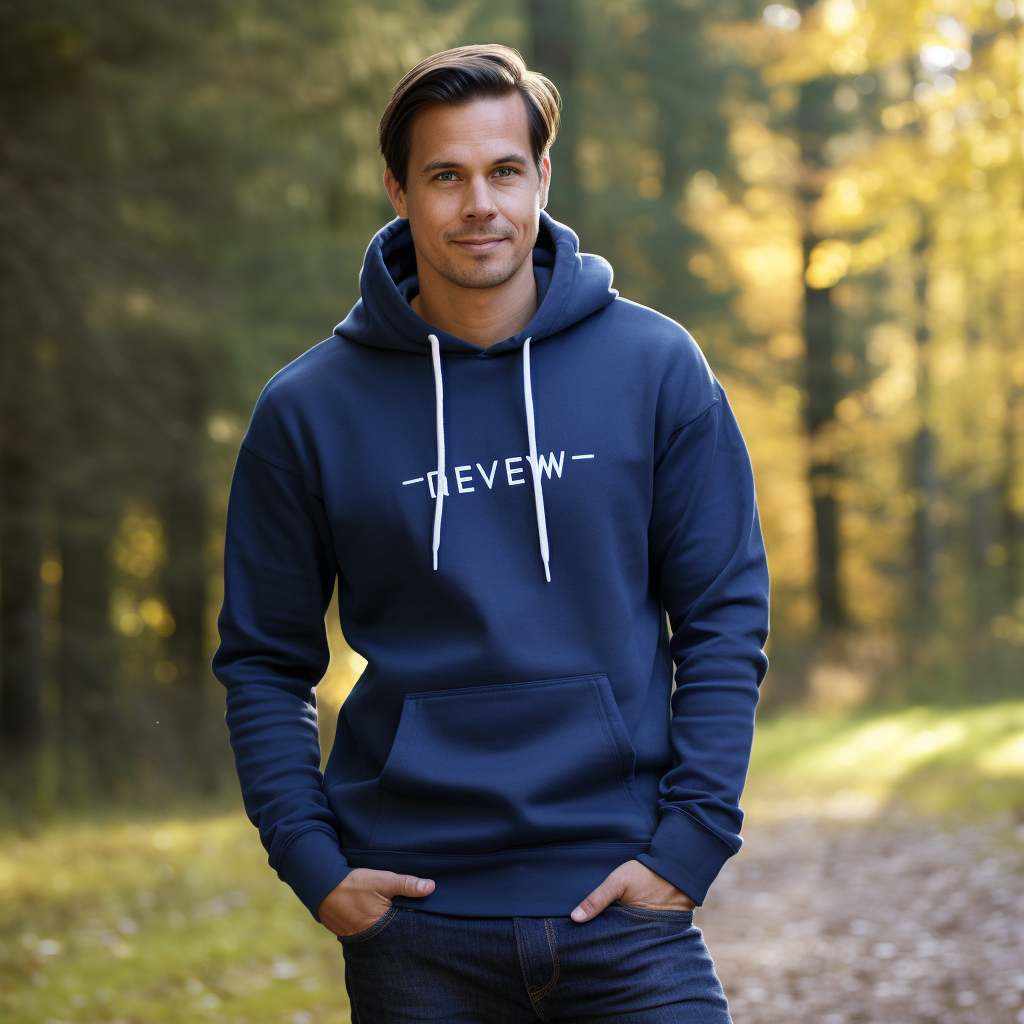 Stylish hoodie in marine blue with the word 'Crew'