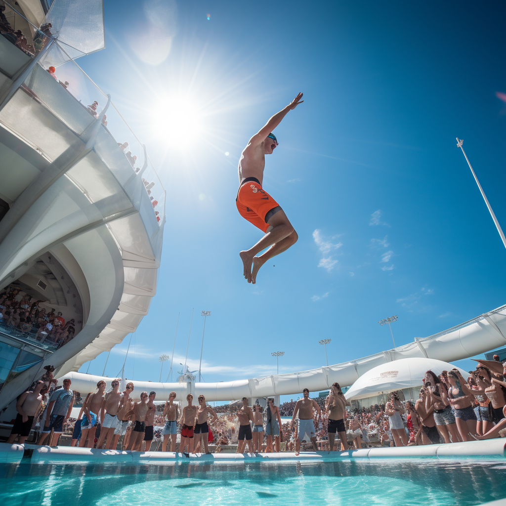 High diver athlete on tower watching pool and fans