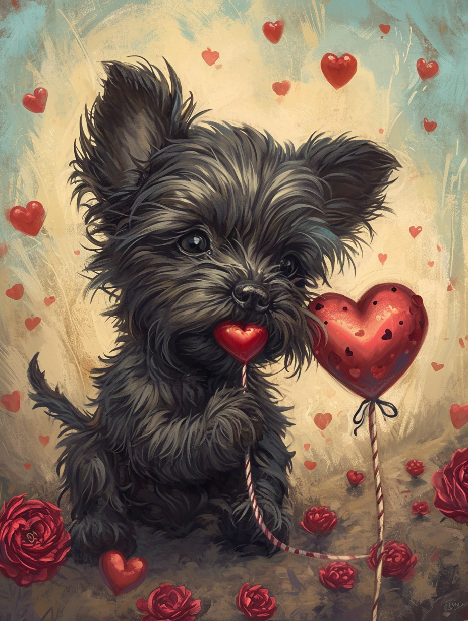 Highland Baby Dog with Heart Lollipop in Valentine Setting