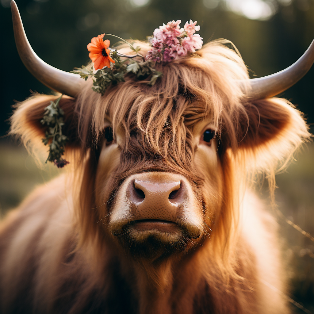 Close-up of Highland Cow with Blonde Streak and Floral Headband