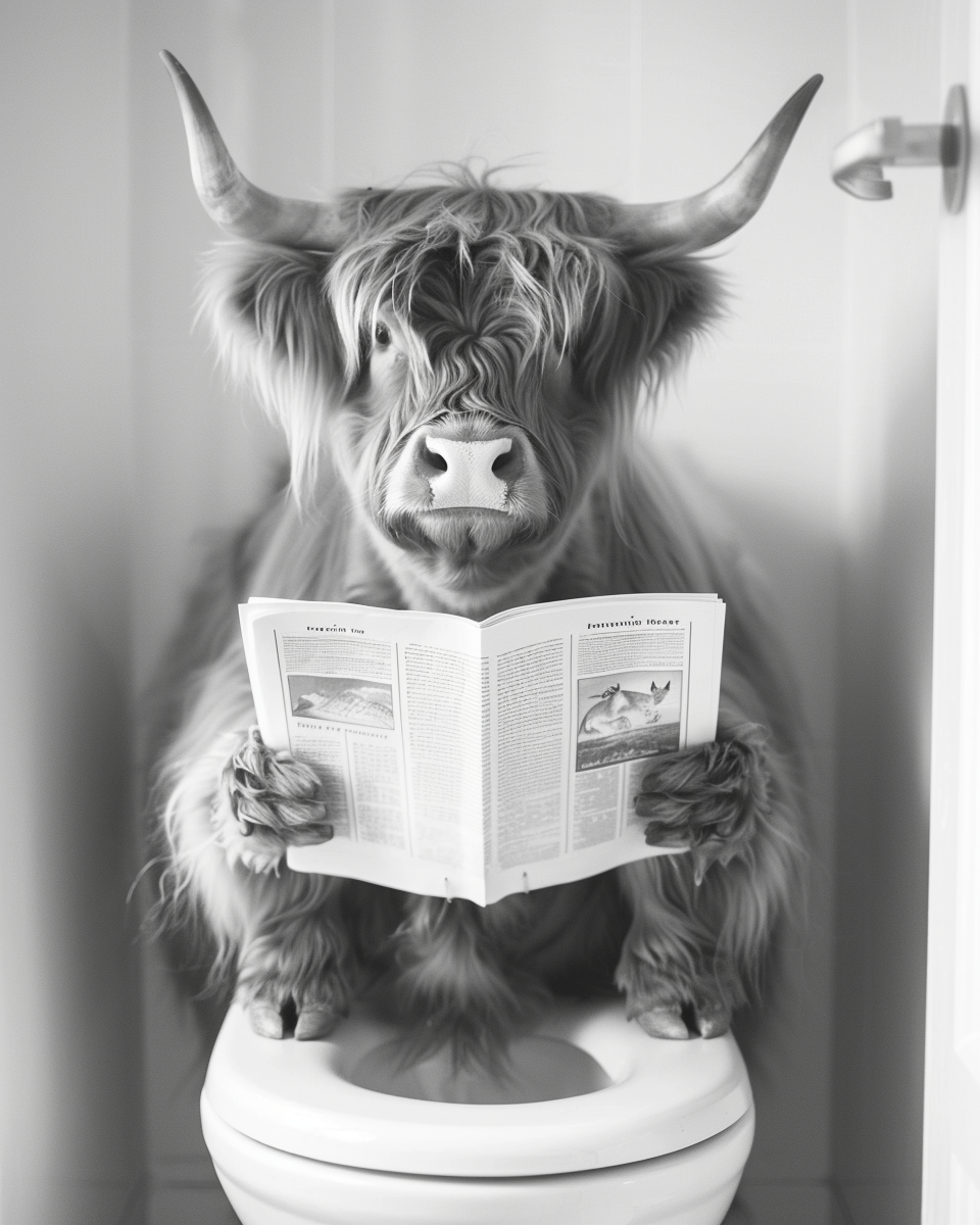 Highland Cow Bathroom Reading Newspaper