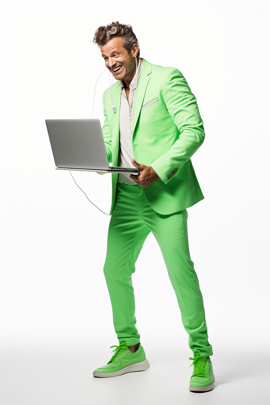 Smiling highschool teacher using laptop in bright pastel green clothing