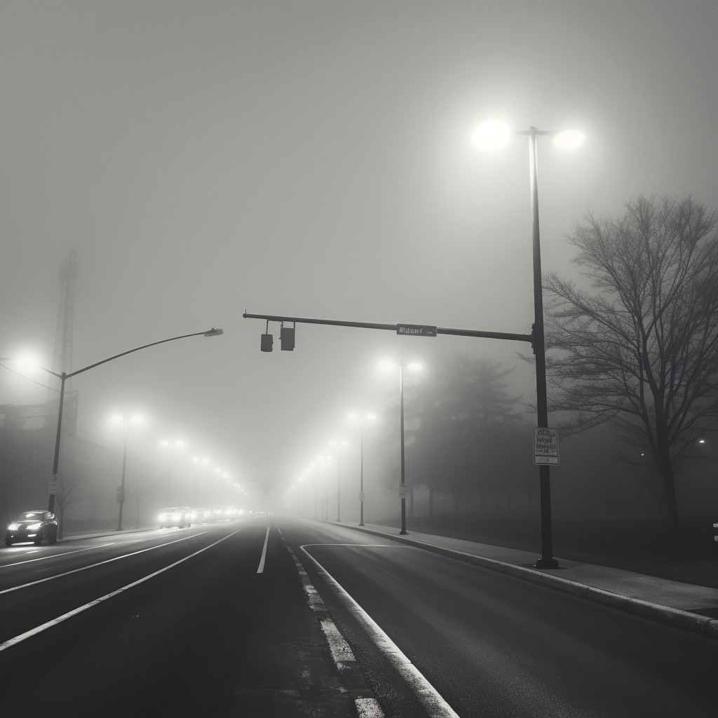 Black and White Highway Streetlights in Fog