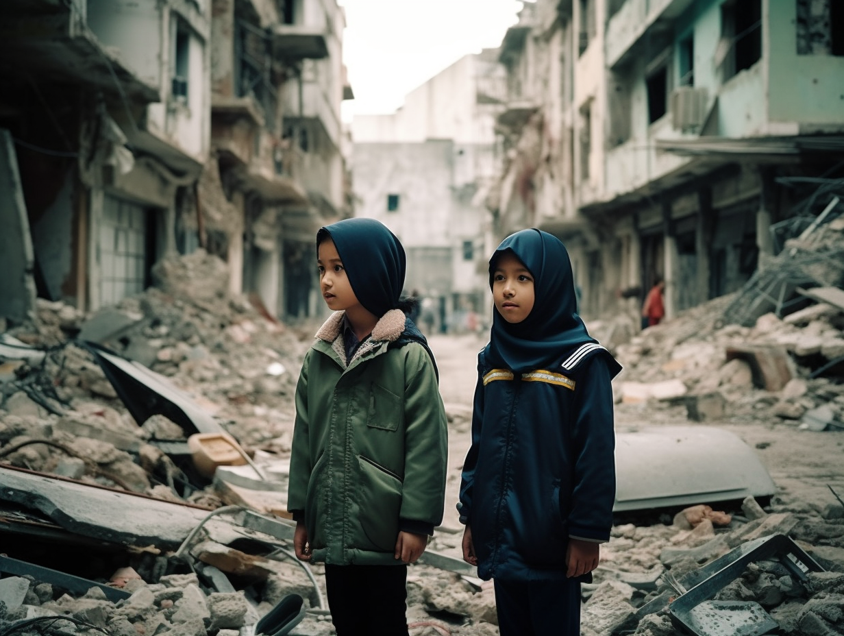 Boy and girl in hijab holding hands under collapsed buildings