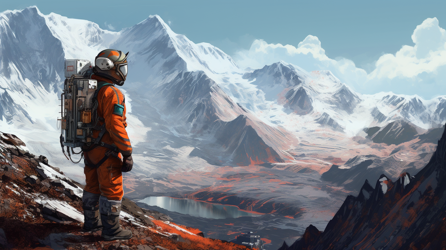 Hiker in Mining Protective Suit Gazing at Majestic Mountain