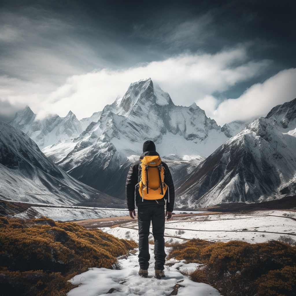 Hiker with rucksack in snow-covered mountains