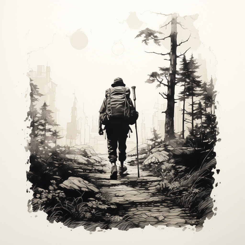 Hiker on trail in black ink