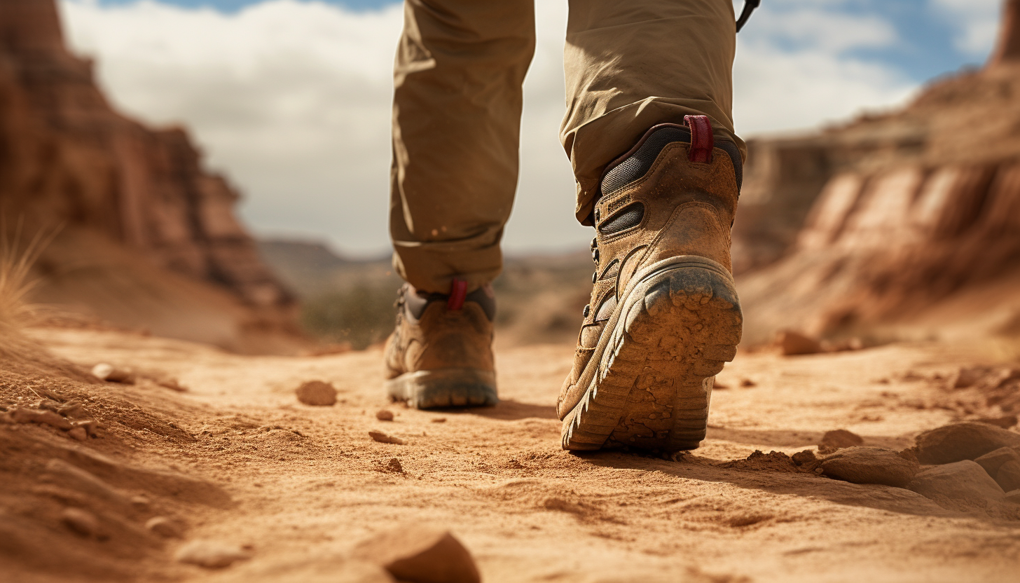 Seasoned hiker with well-worn boots on sandy trail