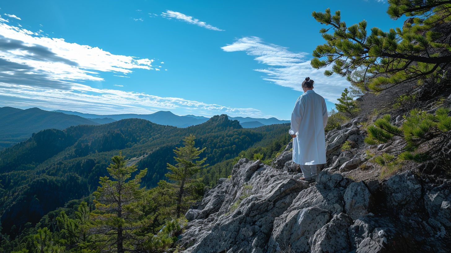 Hiker climbing steep mountain lab coat