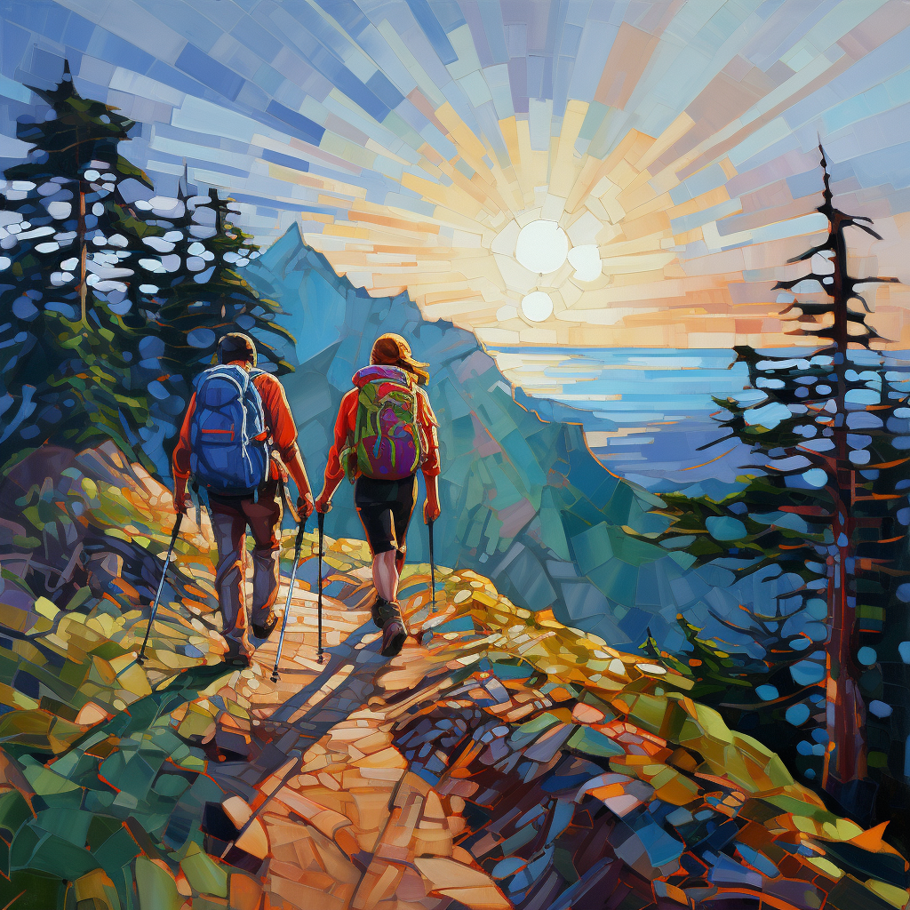 Hikers exploring nature in vibrant Erin Hanson style