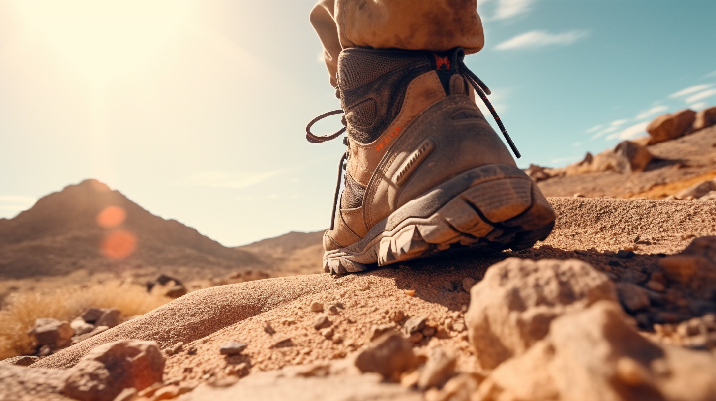 Hiking boot stepping on desert rock