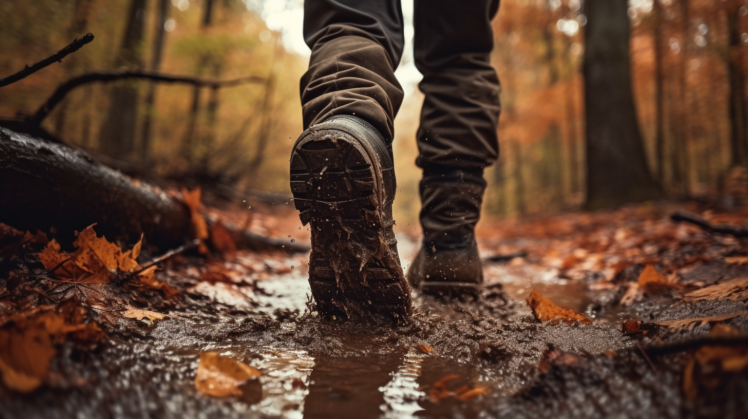 Person wearing hiking boots in autumn forest