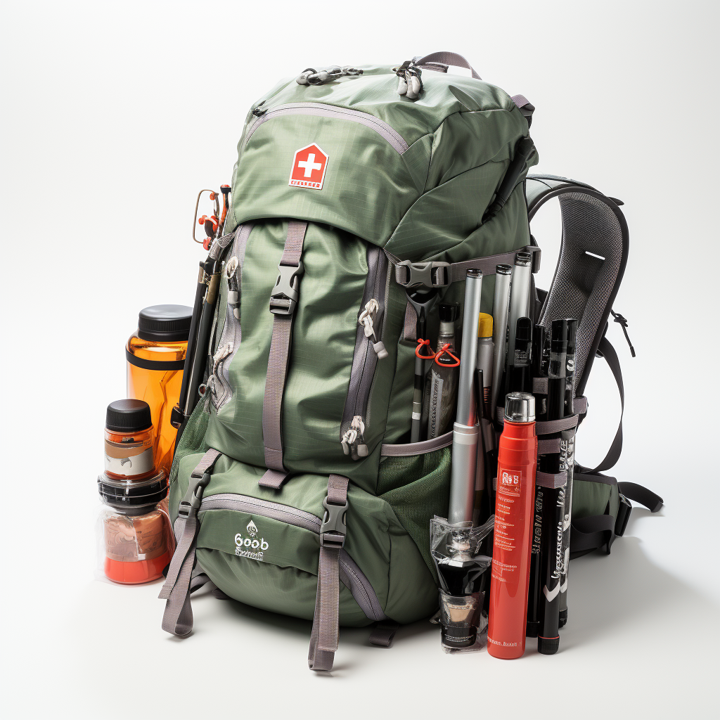 Hiking gear essentials on white background