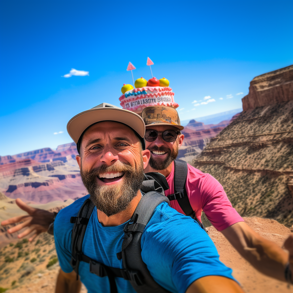 Two men hiking Grand Canyon with birthday hats