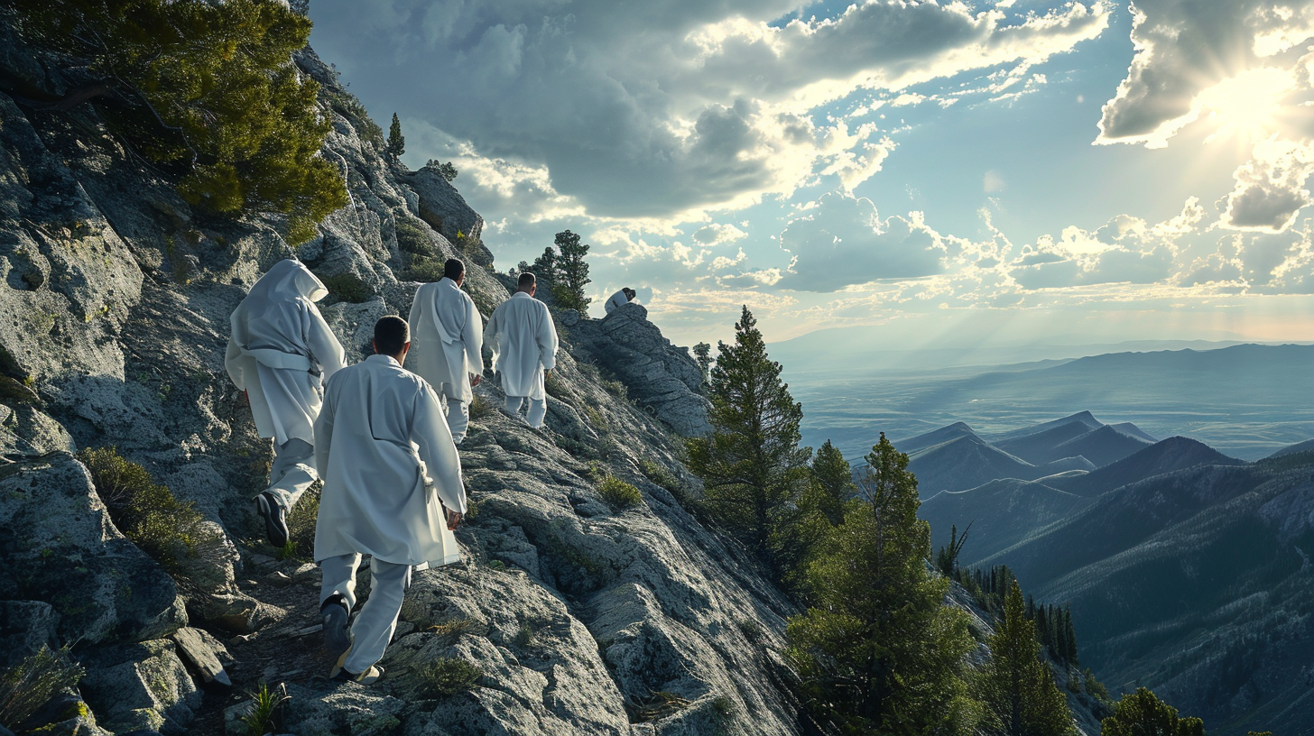 Hiking Men in White Lab Coats on Mountain