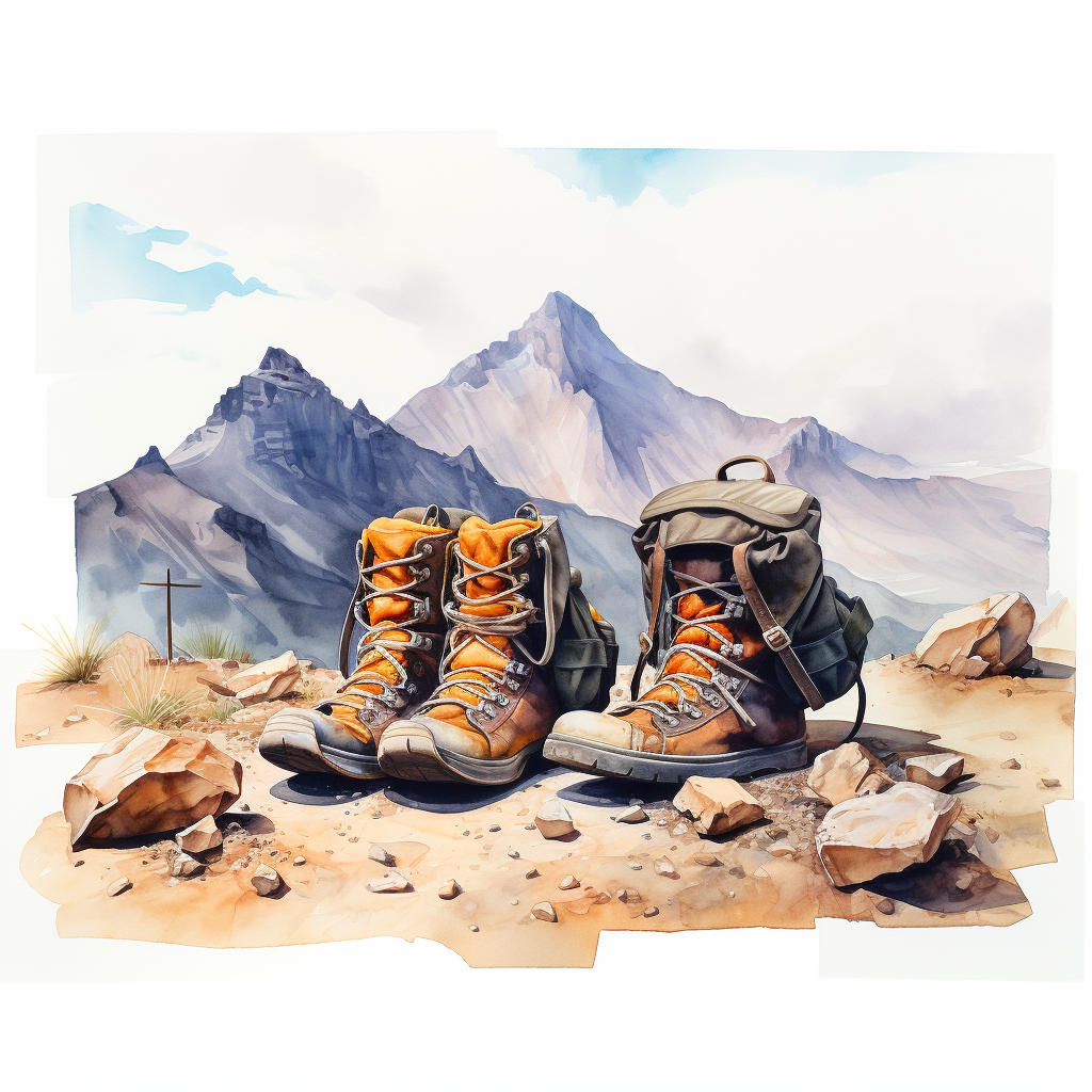 Two pairs of dirty hiking shoes and a haversack with mountains