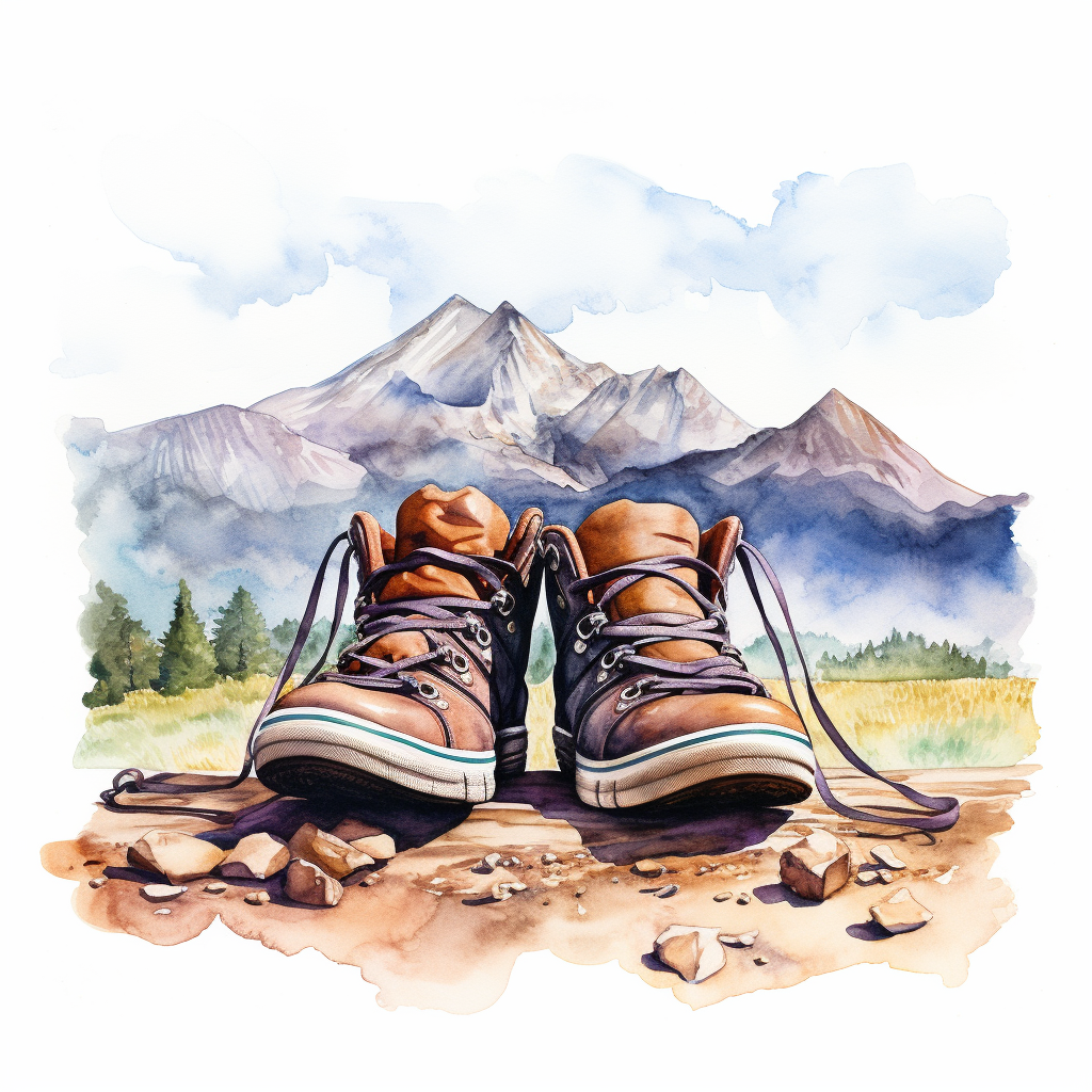 Dirty hiking shoes and mountains in surreal watercolor painting