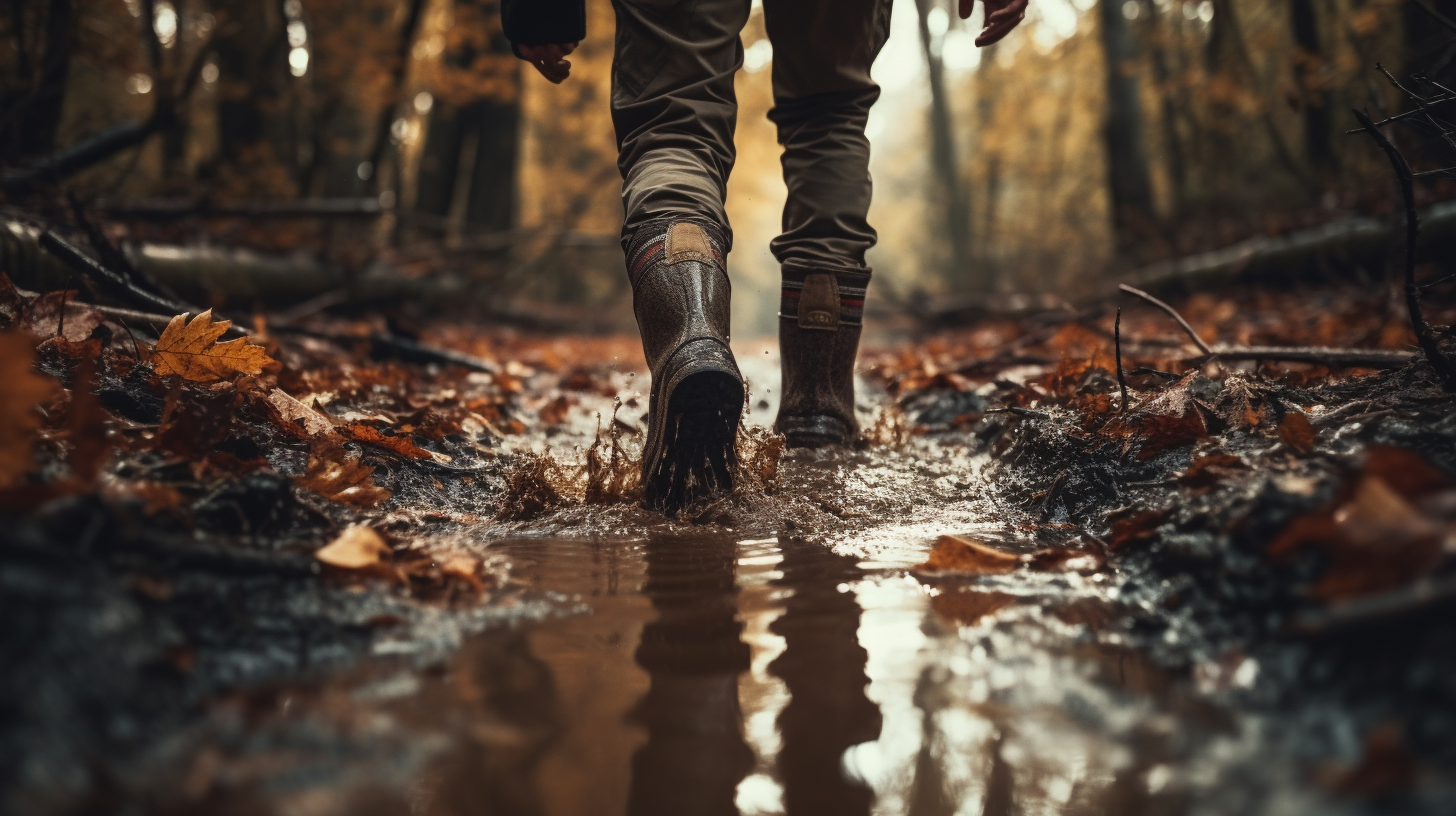 Person wading through mud in autumn