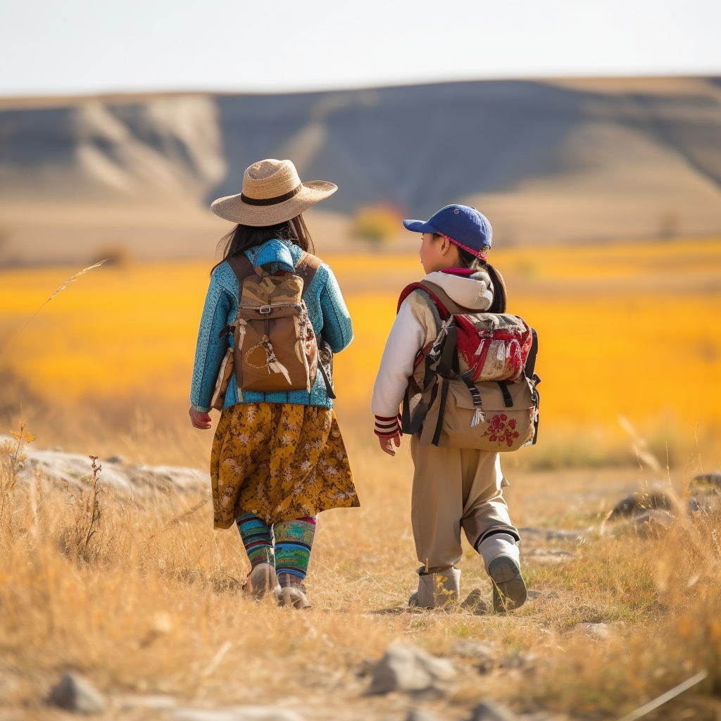 Two Chinese kids exploring Xinjiang grassland