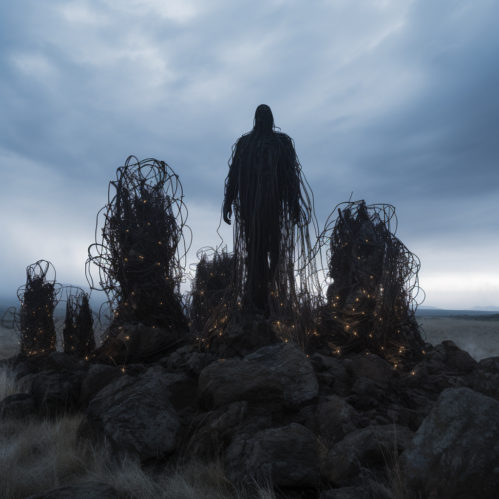 Statue on Hill with Black Boulders